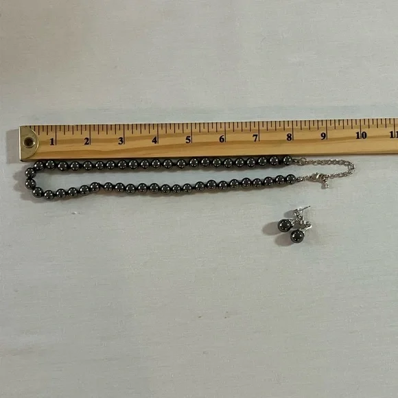 Hematite Round Beaded Necklace with Matching Drop Beaded Earrings Set - Picture 14 of 17